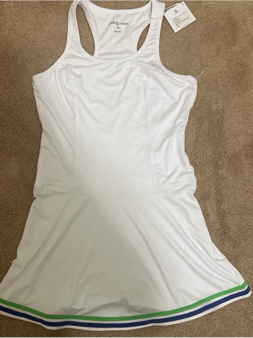 Club Court White Racerback Tennis Tank Dress with Green & Blue Trim